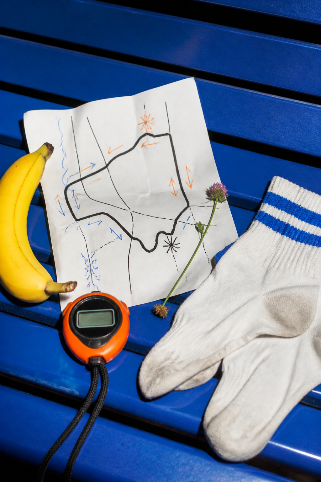Running map, stopwatch and small items arranged on a blue bench