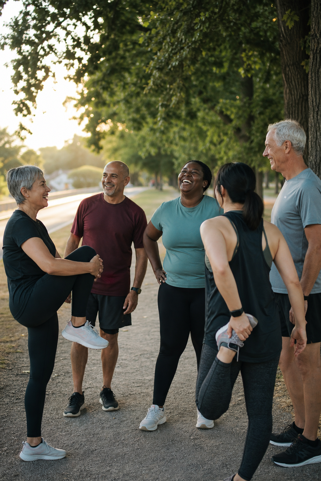 A group of adult runners stretching and laughing by a path