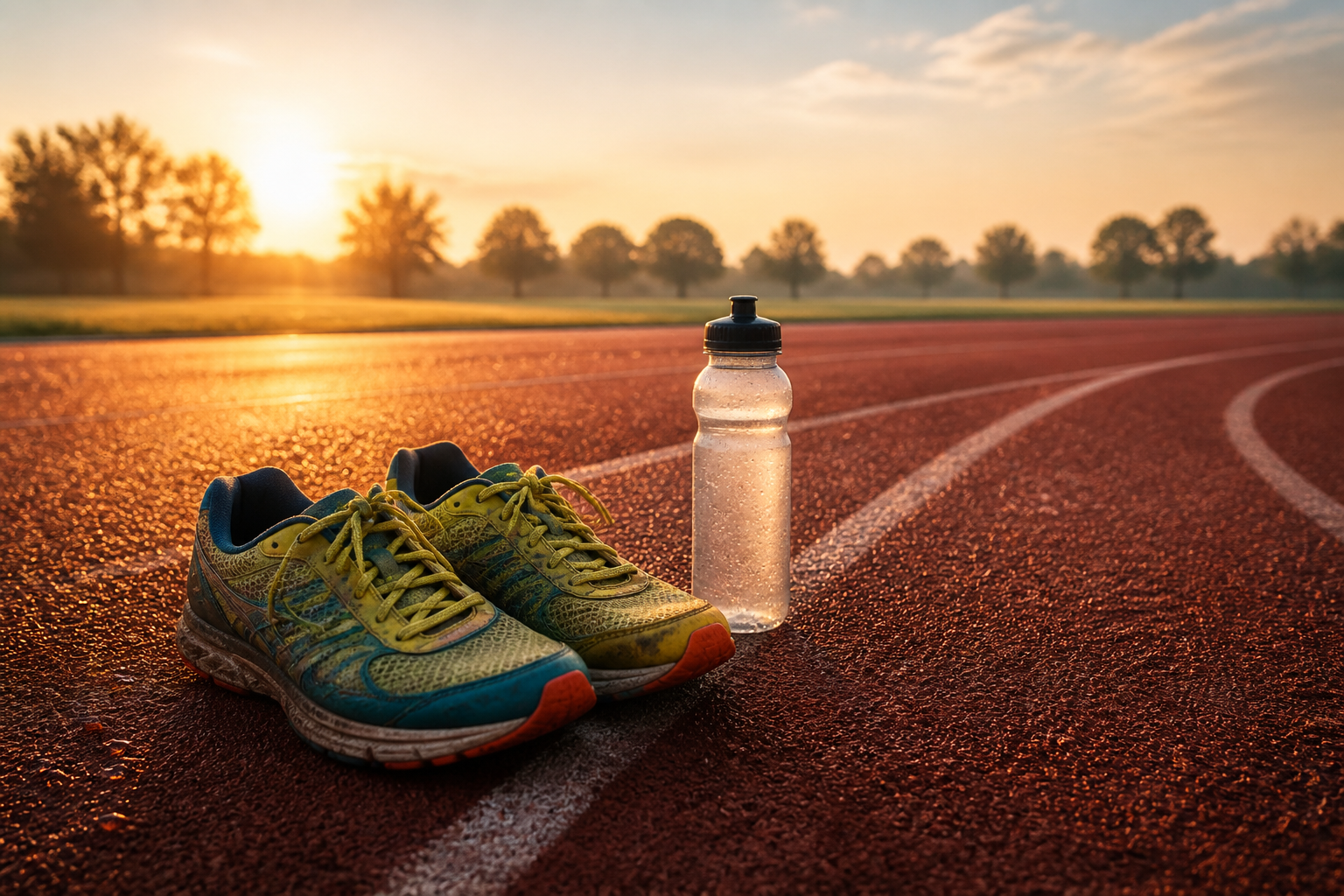 Running shoes and a water bottle on a track at sunrise